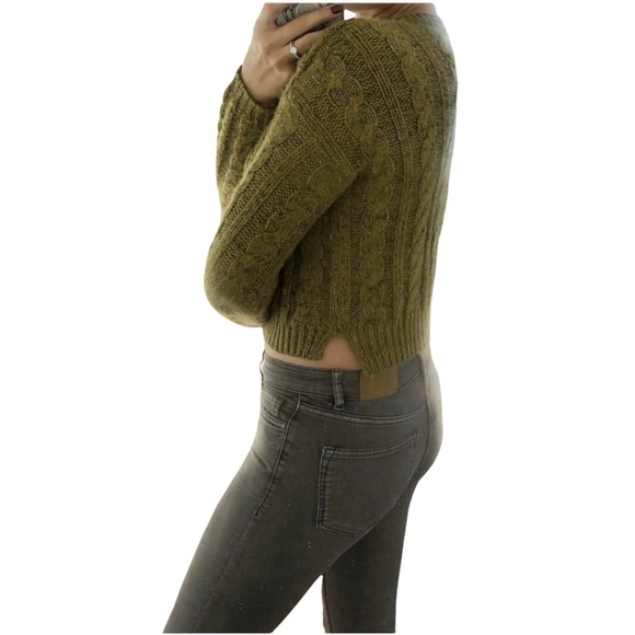 Bershka cropped cable knit sweater olive green XS side slit - Picture 5 of 5